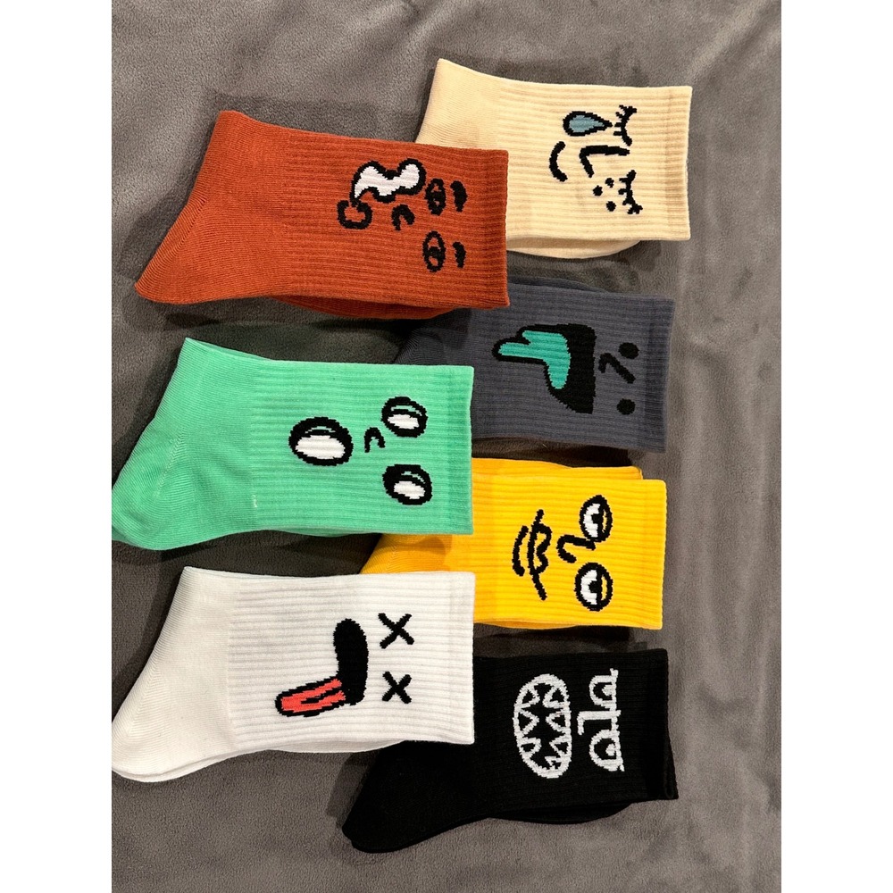 Cartoon Face Expression Crew Socks Bundle 7 Pairs Unisex Streetwear Ribbed Knit